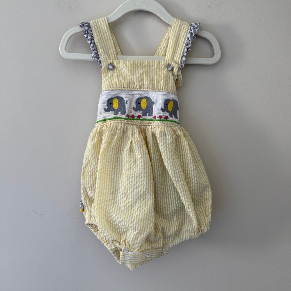 Lil Cactus Baby Girl Yellow Seersucker Smocked Elephant Ruffle Romper 18-24M